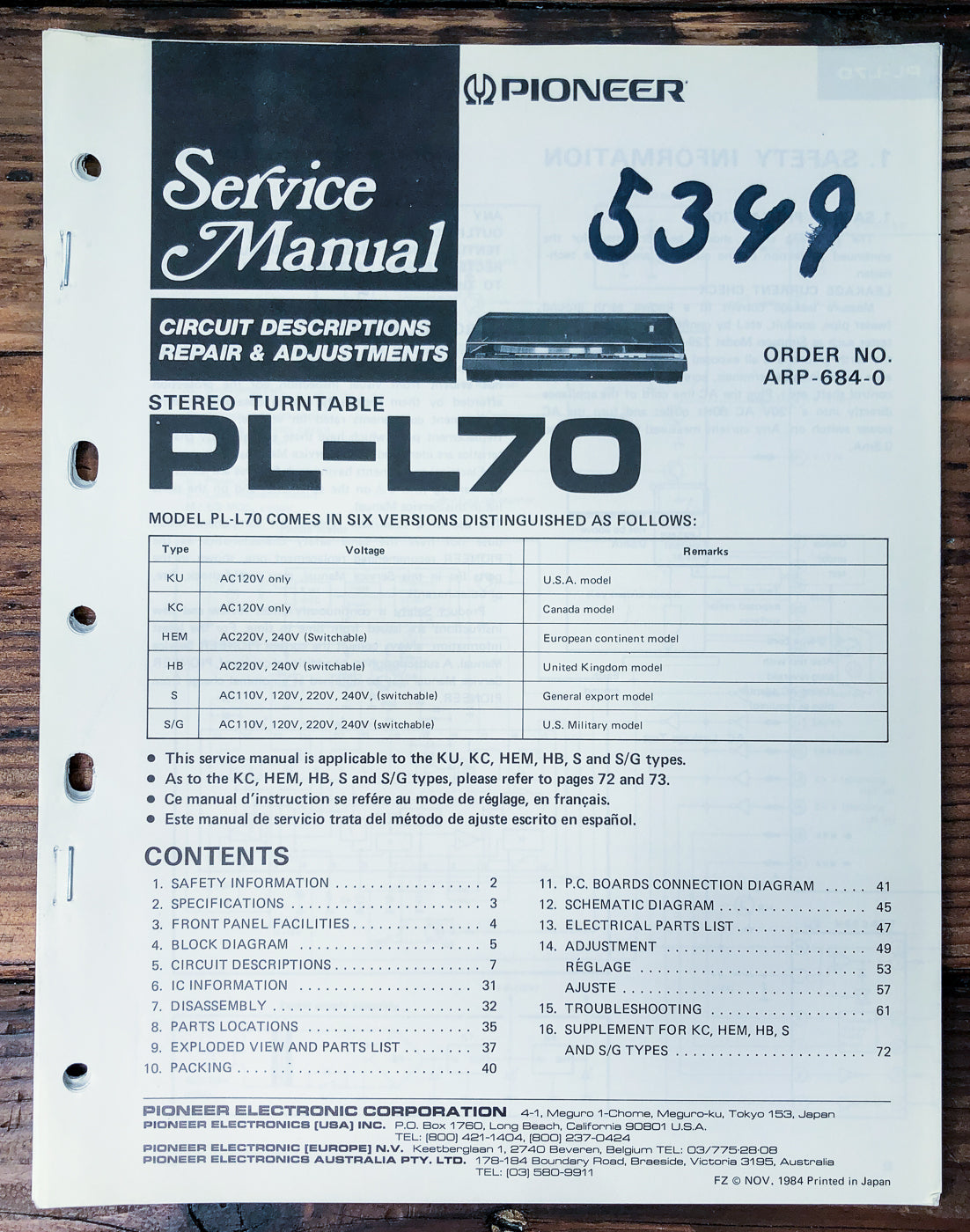 Pioneer PL-L70 Turntable Service Manual *Original*