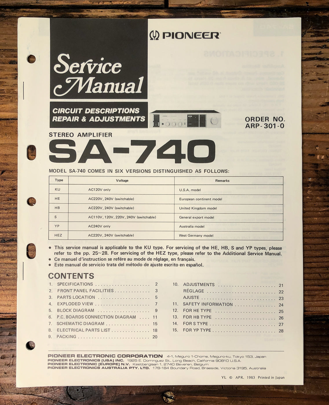 Pioneer SA-740 Amplifier Service Manual *Original*