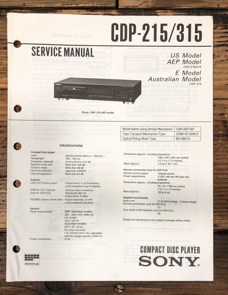 Sony CDP-214 CDP-315 CD Player Service Manual *Original*