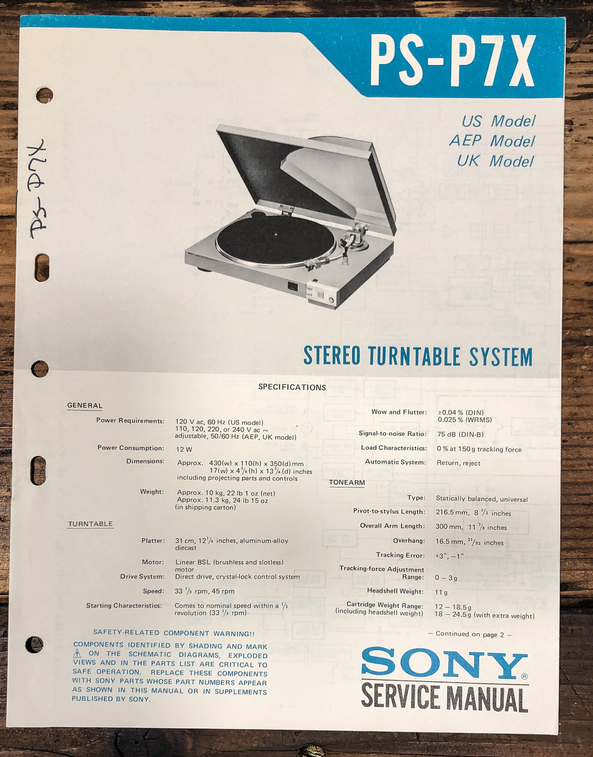 Sony PS-P7X Record Player / Turntable Service Manual *Original*