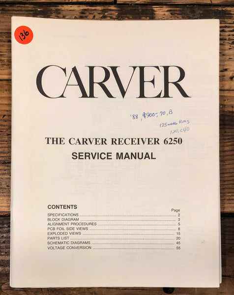 Carver Model 6250 Receiver  Service Manual *Original*