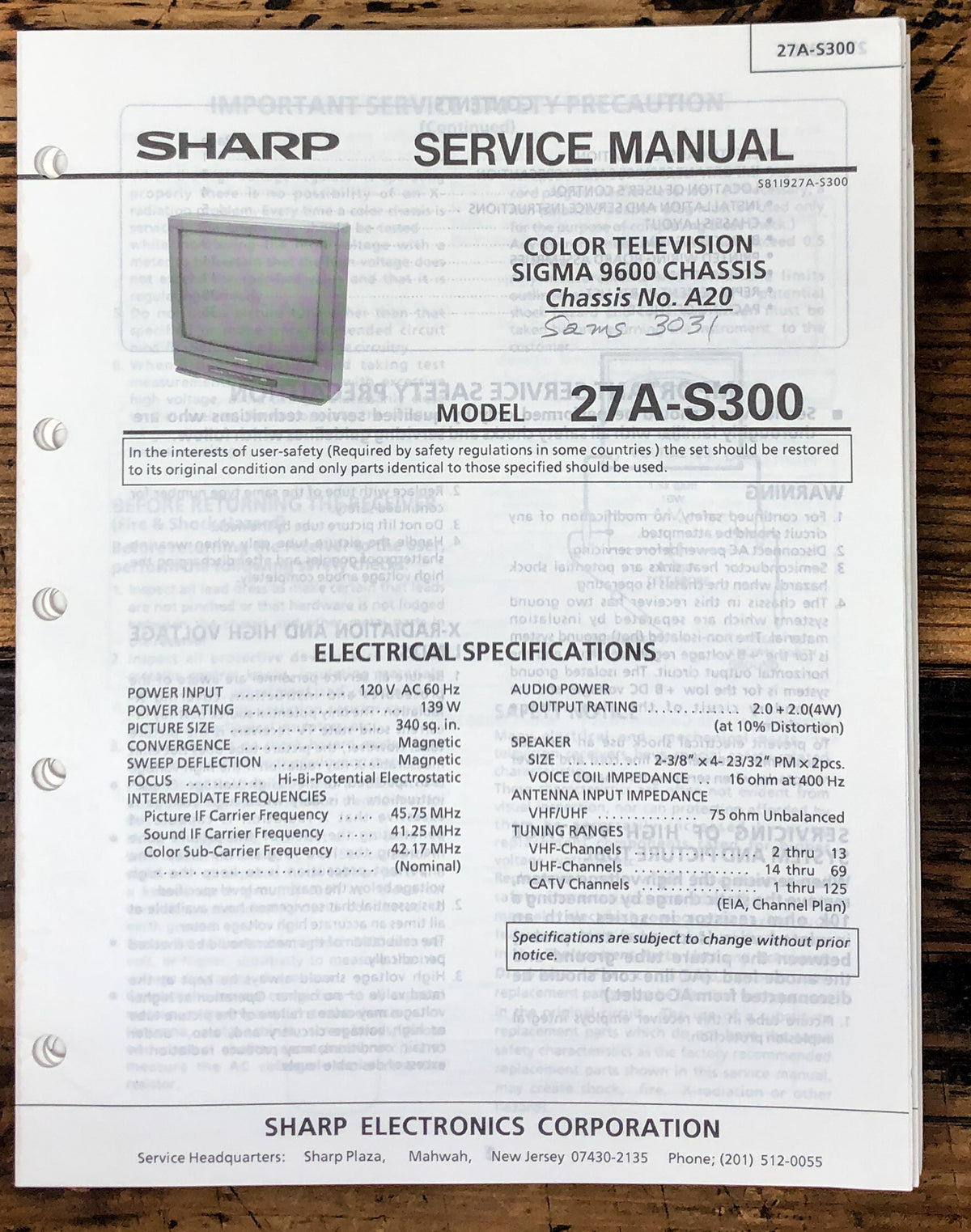 Sharp 27A-S300 TV / Television Service Manual *Original*