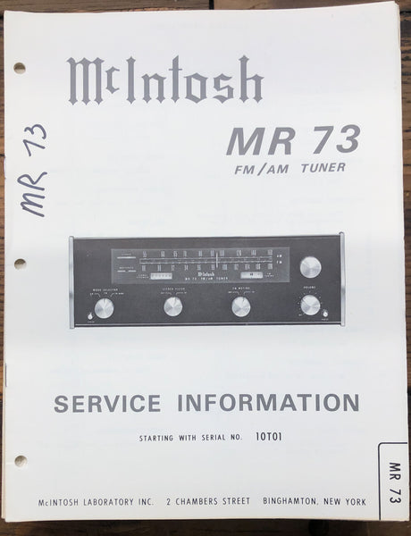 McIntosh MR73 MR-73 Tuner  Service Manual *Original*