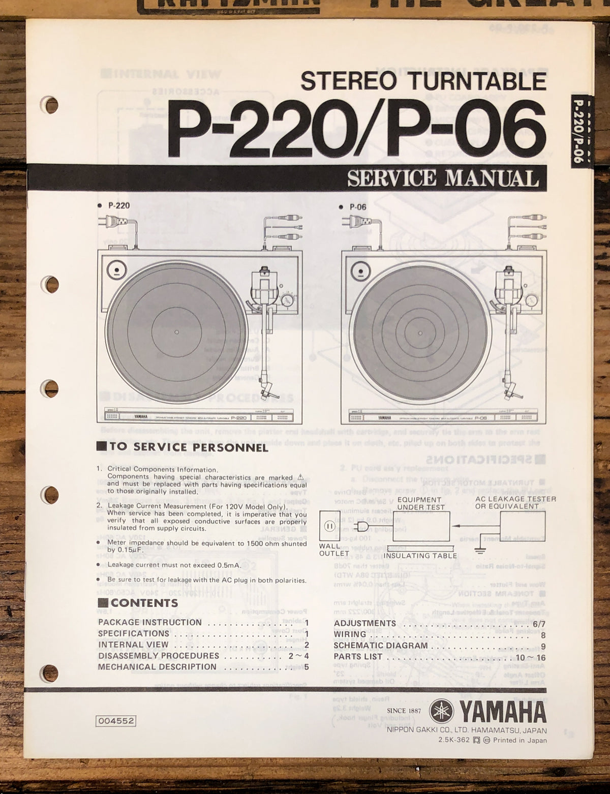 Yamaha P-220 P-06 Record Player / Turntable Service Manual *Original*