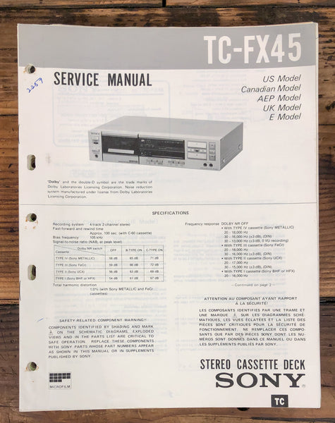 Sony TC-FX45 Cassette  Service Manual *Original*