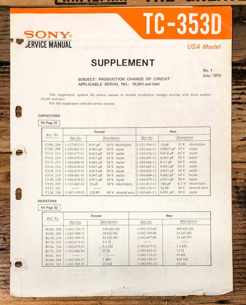 Sony TC-353D Reel to Reel Supplement Service Manual *Original*