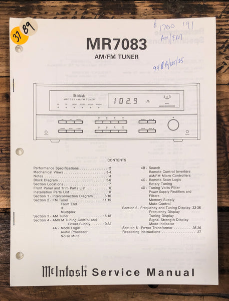 McIntosh MR 7083 Tuner  Service Manual *Original*