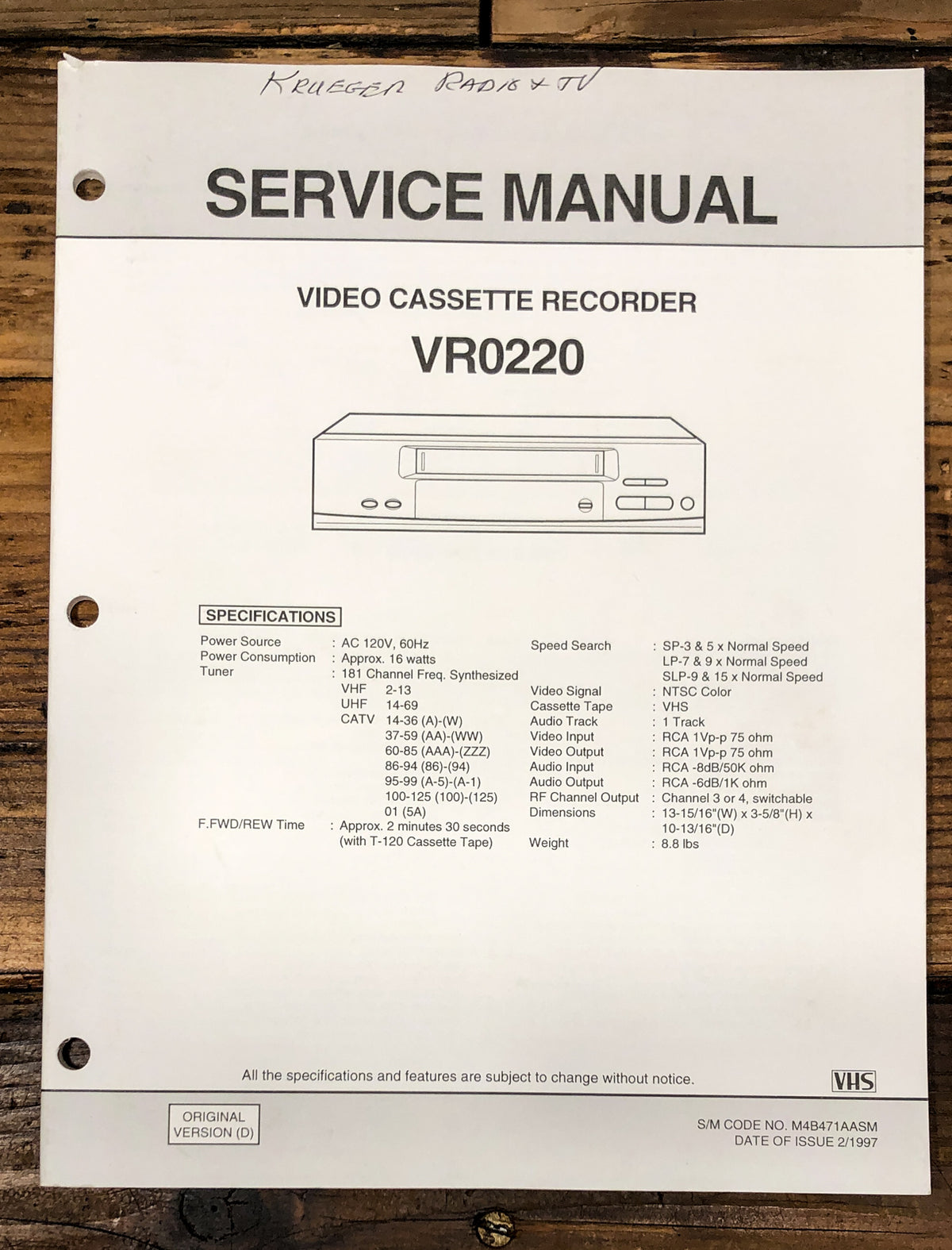 Orion  VR0220 VCR Service Manual *Original*
