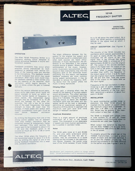 Altec Model 1614A Frequency Shifter  Owners Manual & Schematic *Orig*