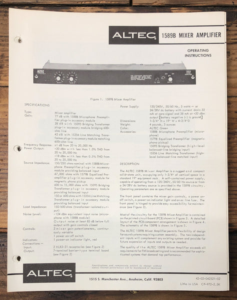 Altec Model 1589B Mixer  Owners & Schematic Manual *ORIGINAL*