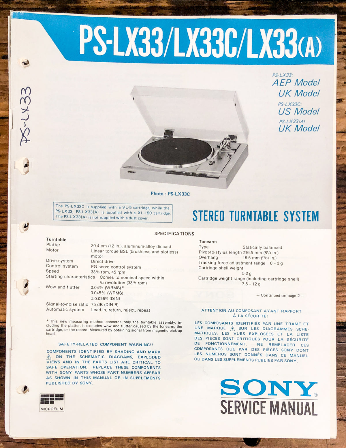 Sony PS-LX33 -LX33C -LX33A Record Player / Turntable  Service Manual *Original*