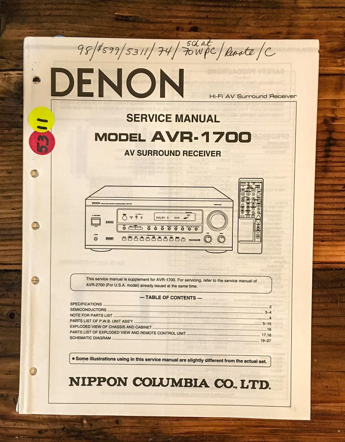 Denon AVR-1700 Receiver  Service Manual *Original*