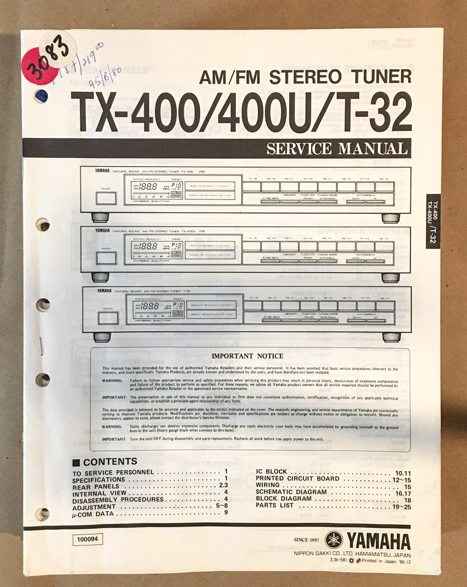 Yamaha TX-400 TX-400U T-32 Tuner  Service Manual *Original*