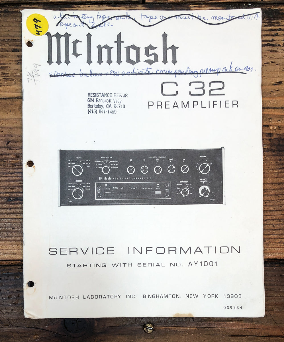 McIntosh C-32 C-32 Preamp / Preamplifier Service Manual *Original*