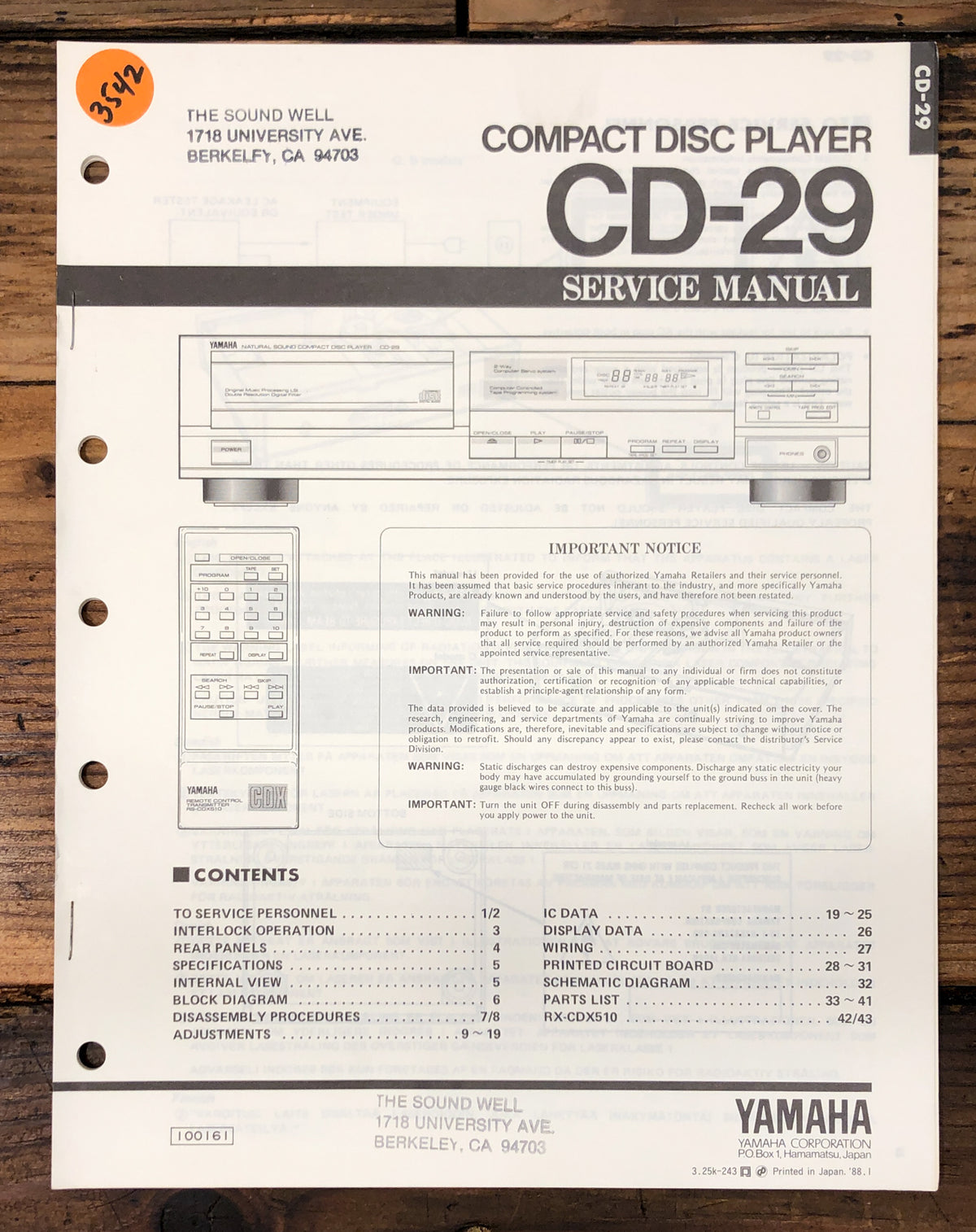 Yamaha CD-29 CD Player  Service Manual *Original*