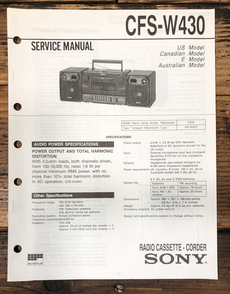 Sony CFS-W430 Radio Service Manual *Original*