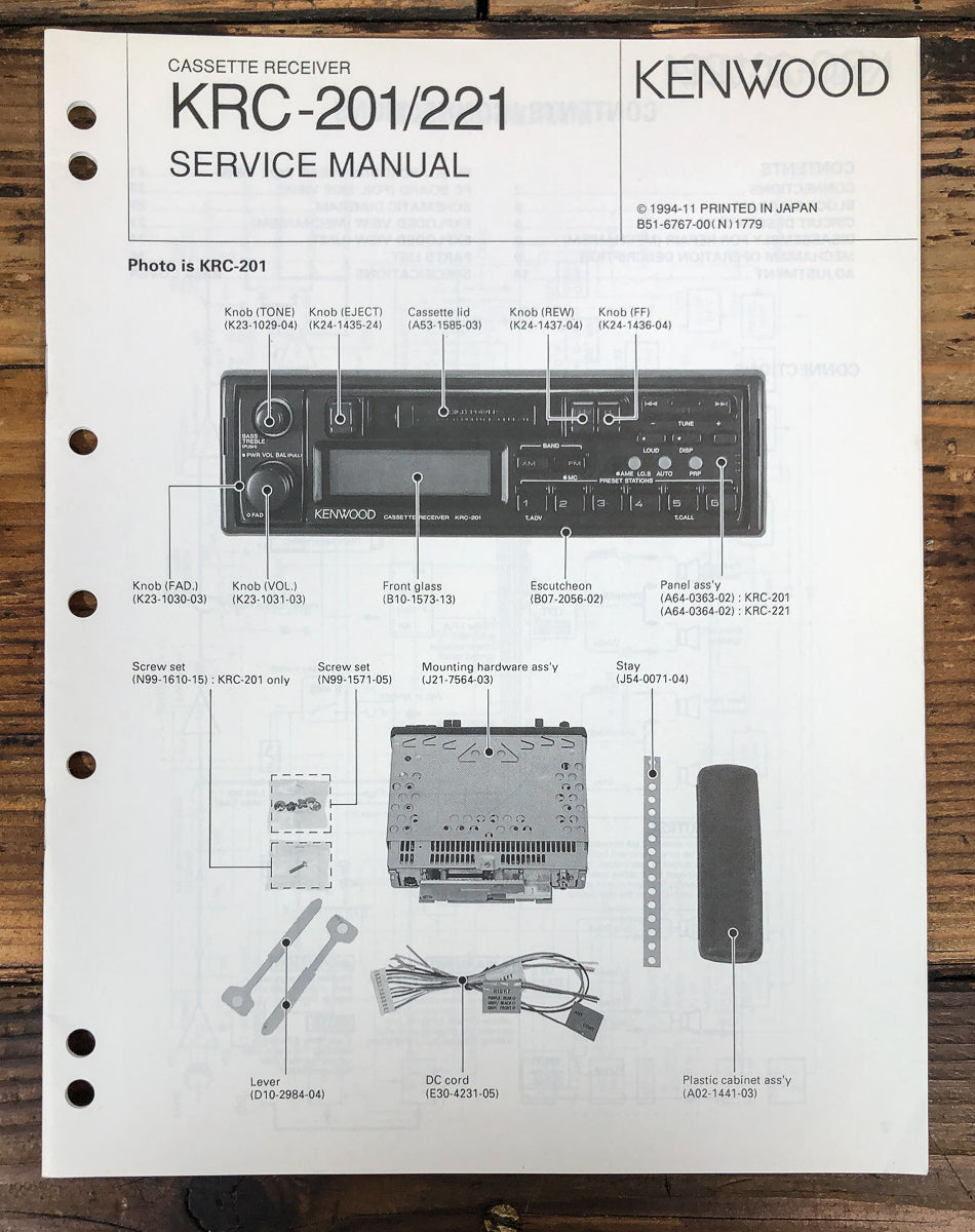 Kenwood KRC-201 KRC-221 Cassette Radio Service Manual *Original*