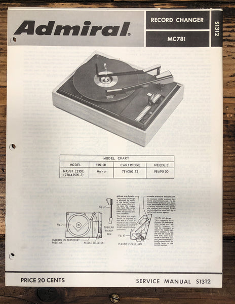 Admiral MC781 MC-781 Record Player / Turntable Service Manual *Original*