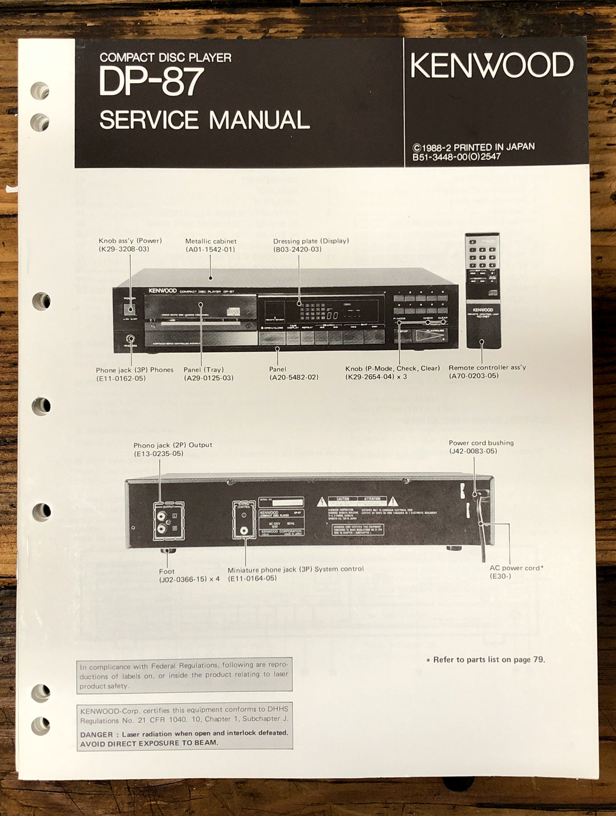 Kenwood DP-87 CD Player  Service Manual *Original*
