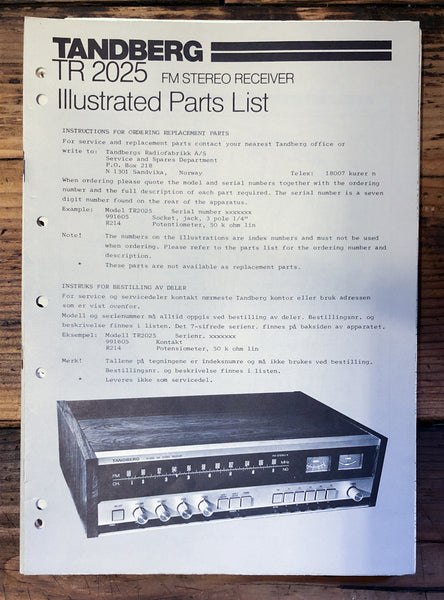 Tandberg TR-2025 TR2025 Receiver illustrated parts list  *Original*