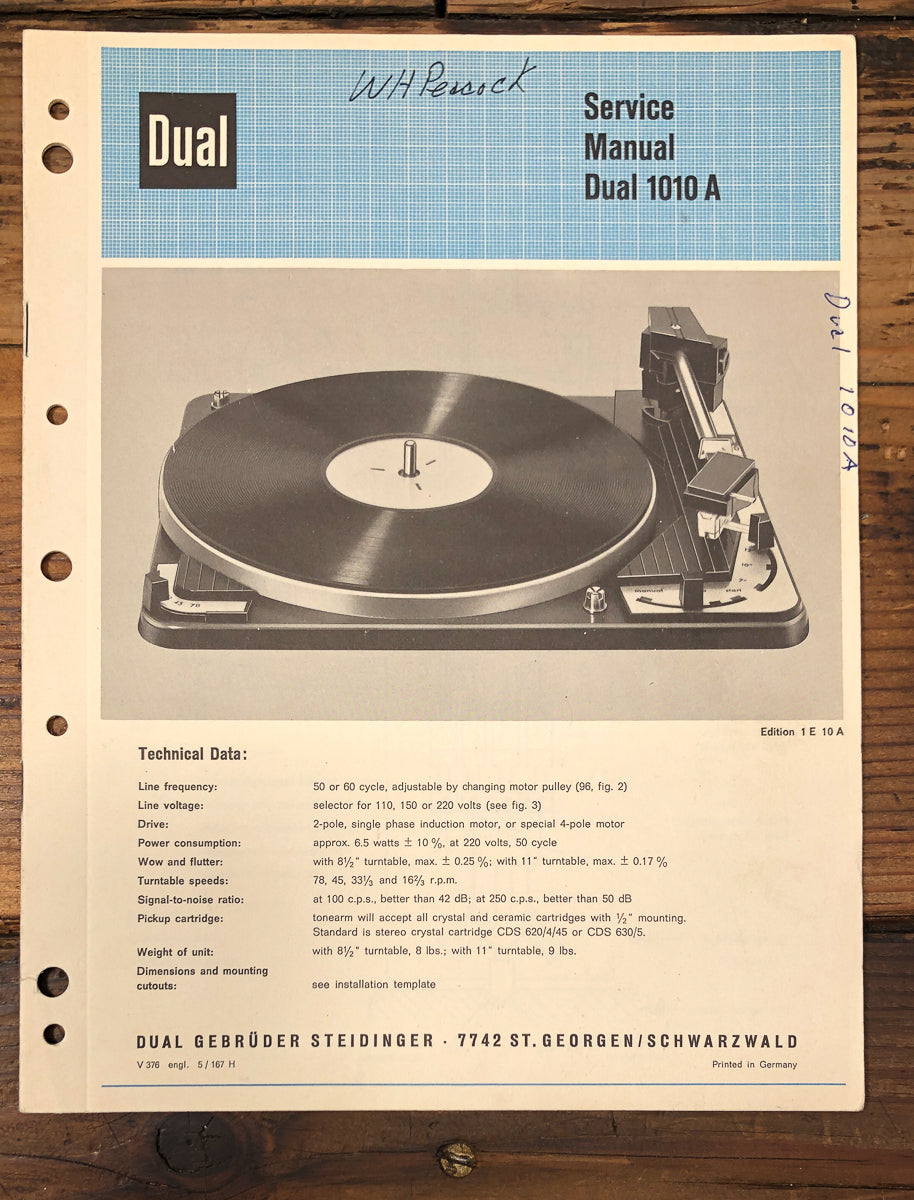 Dual Model 1010A 1010 A Turntable Service Manual *Original*