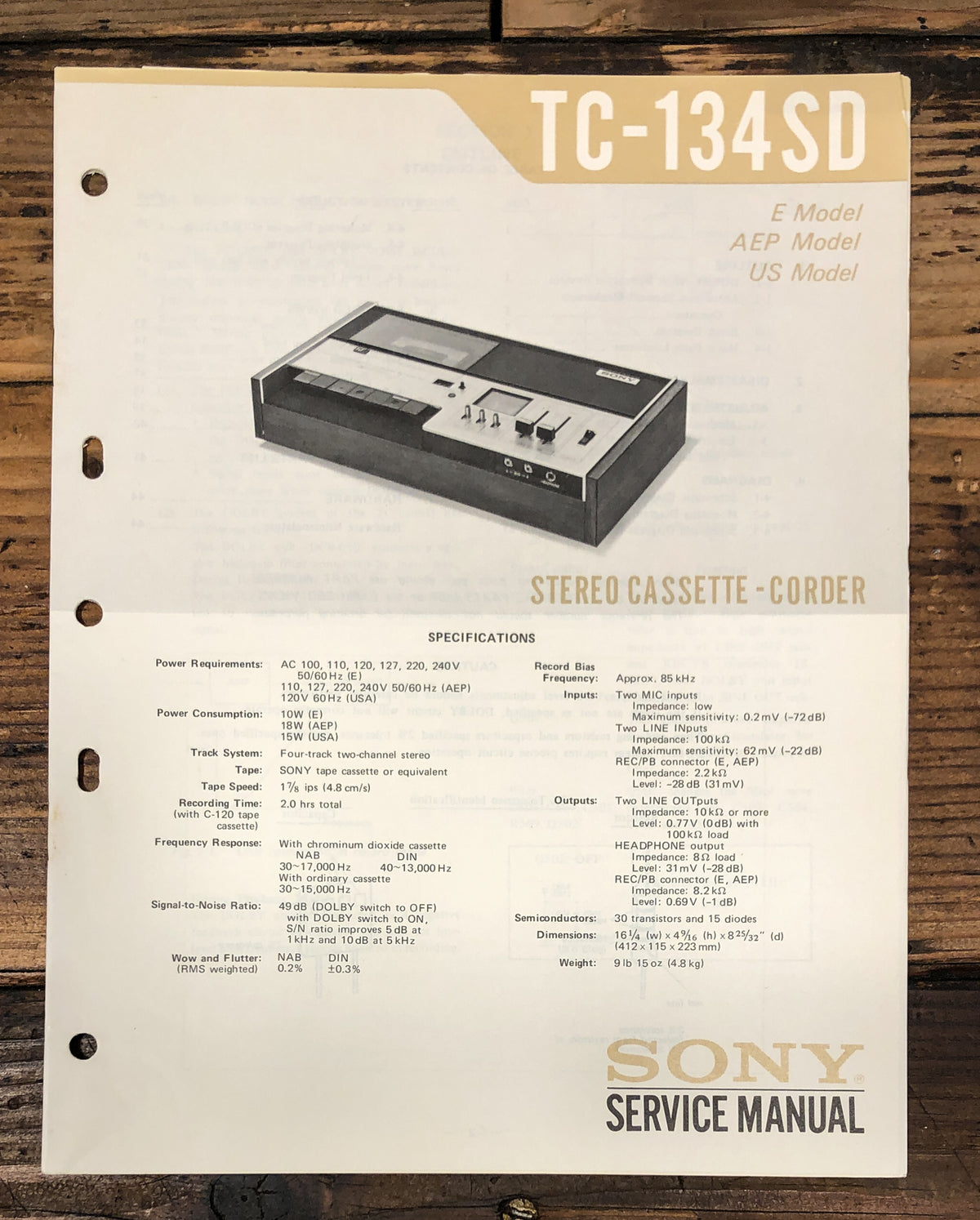 Sony TC-134SD Cassette Service Manual *Original*