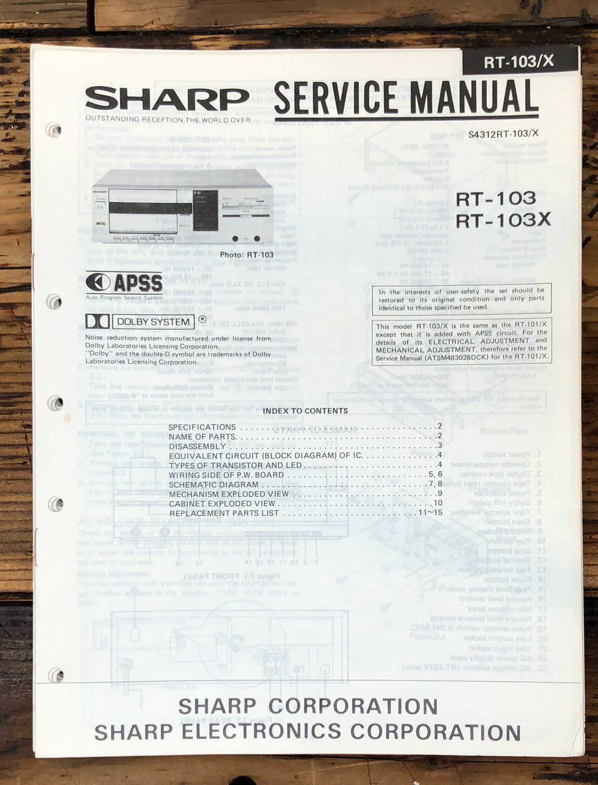 Sharp RT-103 RT-103X Cassette Service Manual *Original*