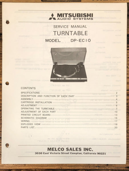 Mitsubishi DP-EC10 Record Player / Turntable  Service Manual *Original*