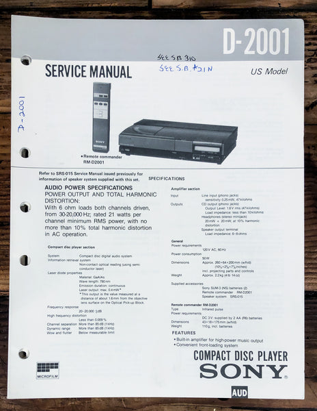 Sony D-2001 CD Player   Service Manual *Original*