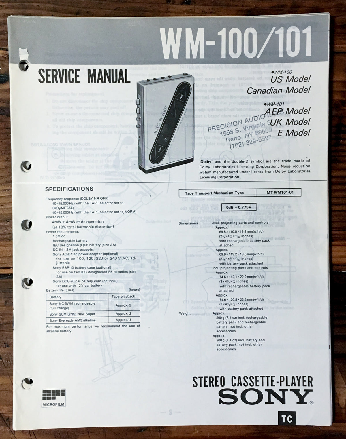 Sony WM-100 WM-101 Cassette Service Manual *Original*