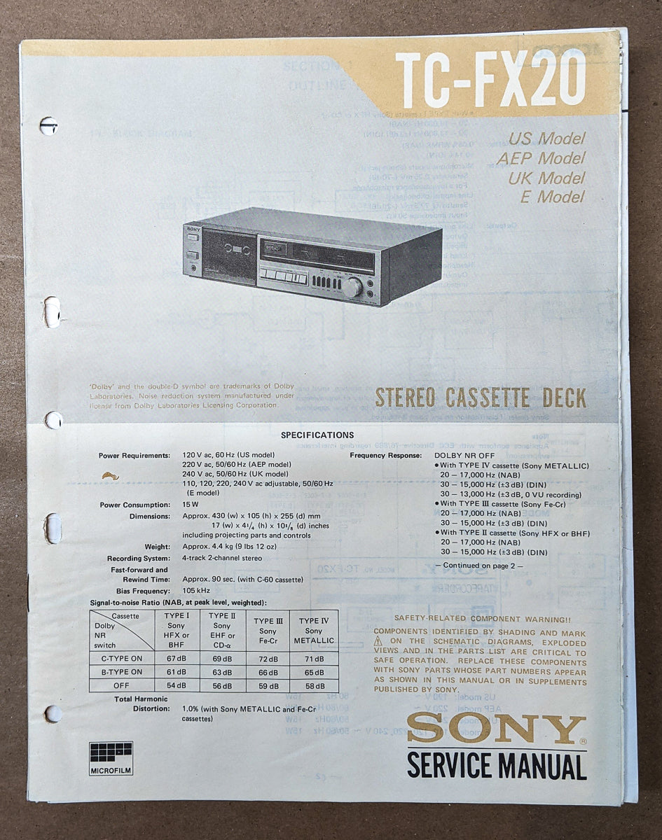 Sony TC-FX20 Cassette Service Manual *Original*