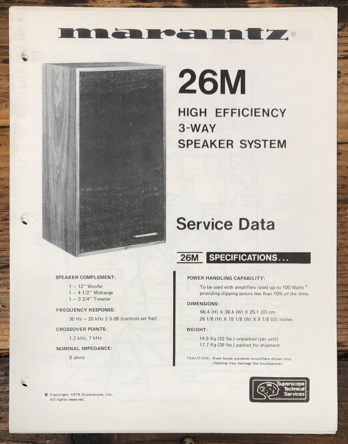 Marantz MS-26M Speaker Service Data Sheet  *Original*