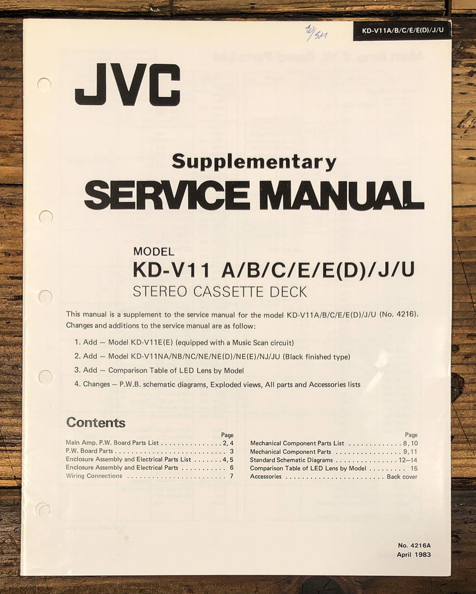 JVC KD-V11 Cassette Supp. Service Manual *Original*