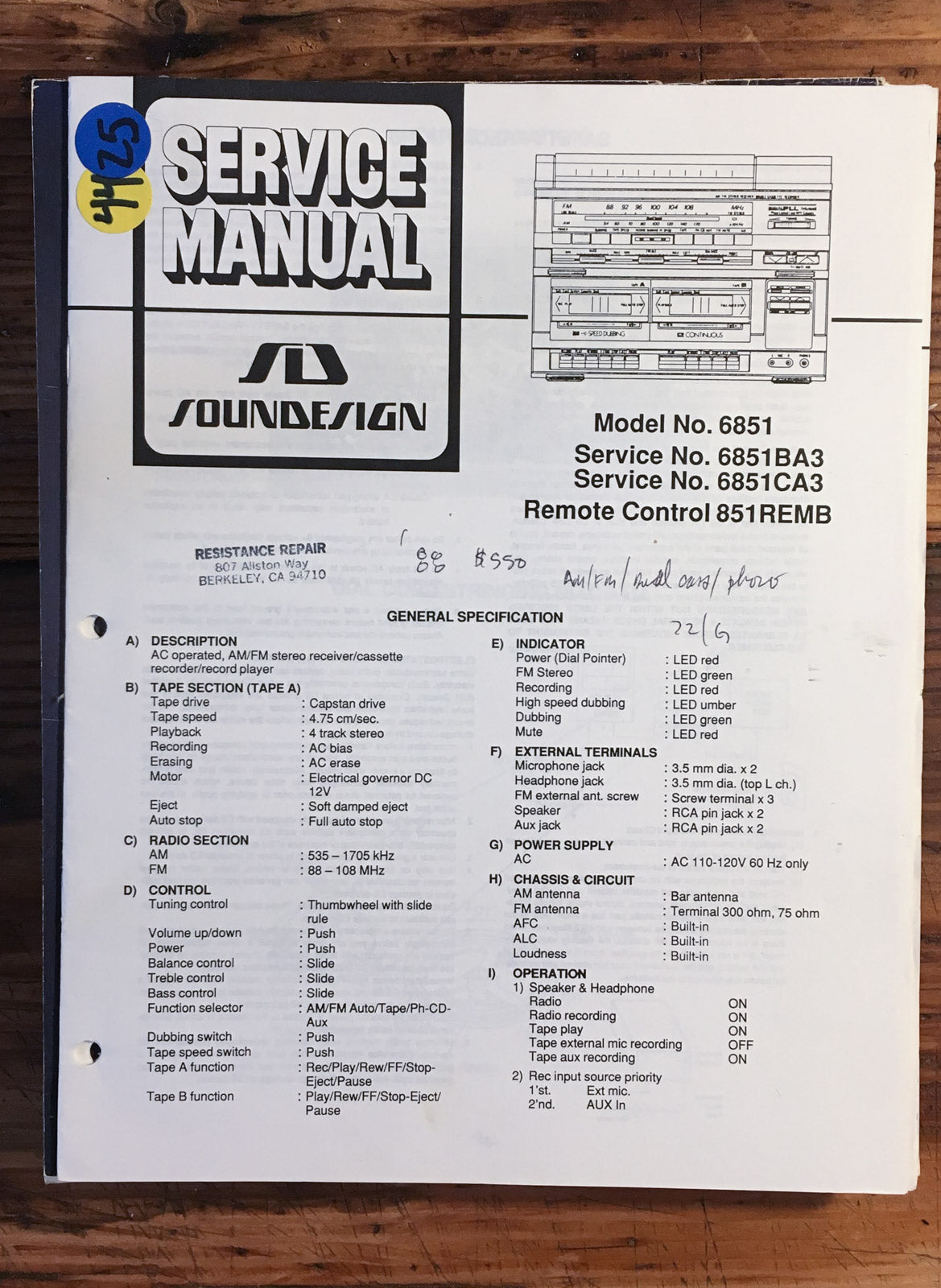 Soundesign Model 6851 Stereo  Service Manual *Original*