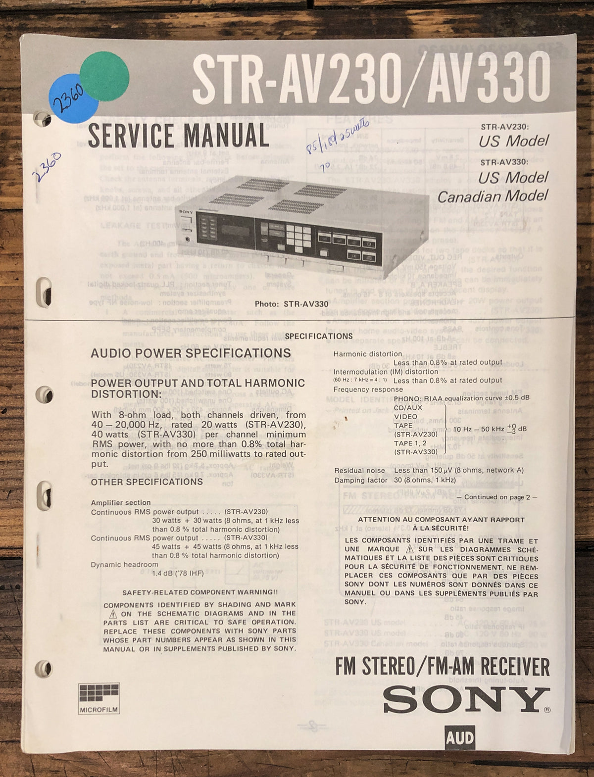 Sony STR-AV230 STR-AV330 Receiver  Service Manual *Original*