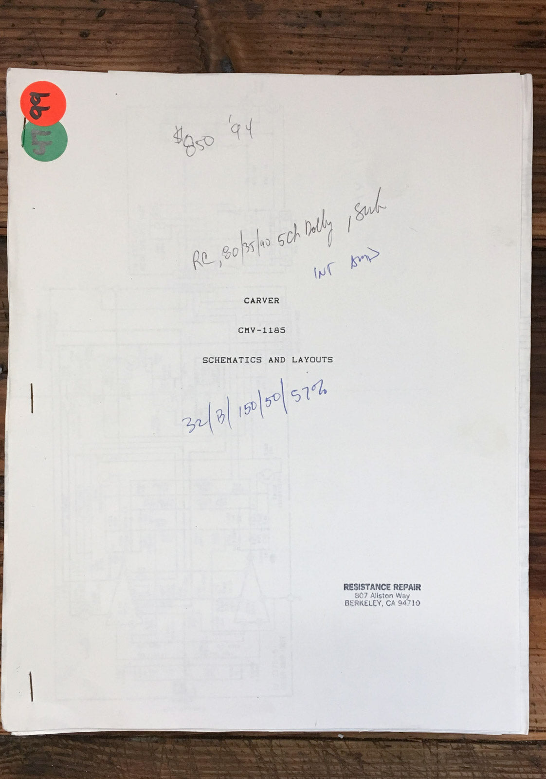Carver CMV-1185 Amplifier  Service Manual *COPY*