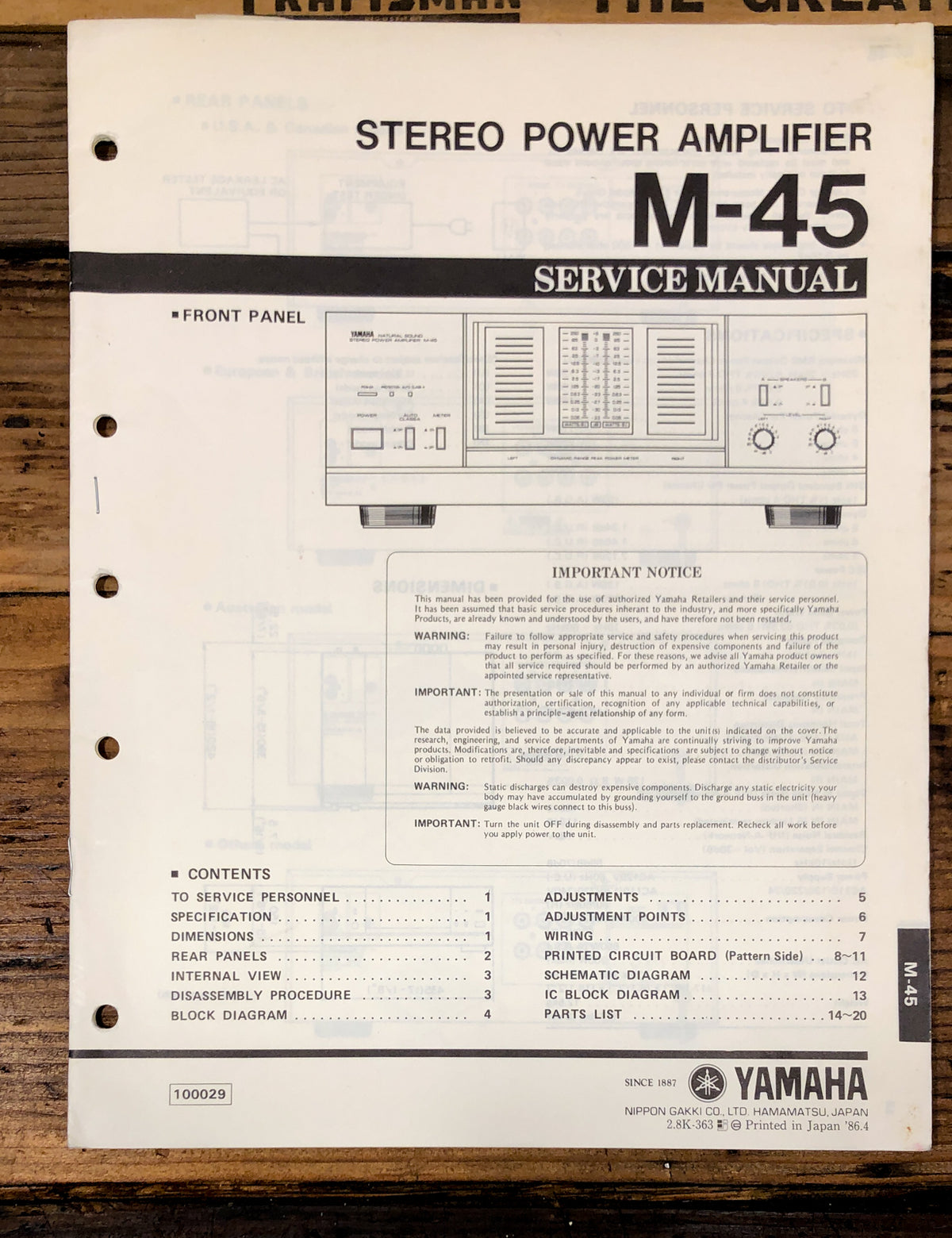 Yamaha M-45 Amplifier  Service Manual *Original*