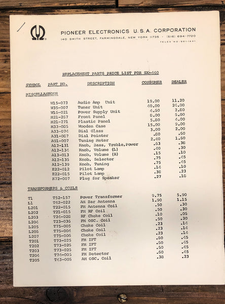 Pioneer SX-440 Receiver Parts ListManual *Original*
