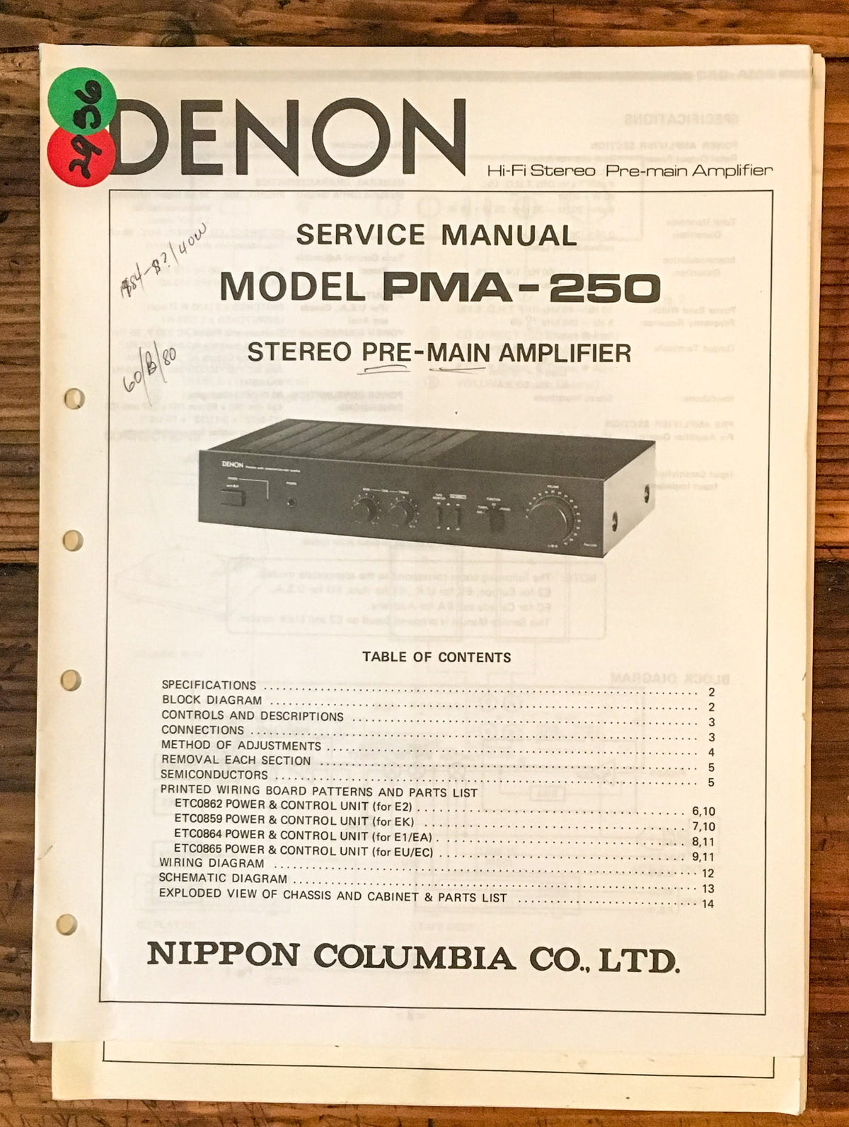 Denon PMA-250 Preamp / Preamplifier  Service Manual *Original*