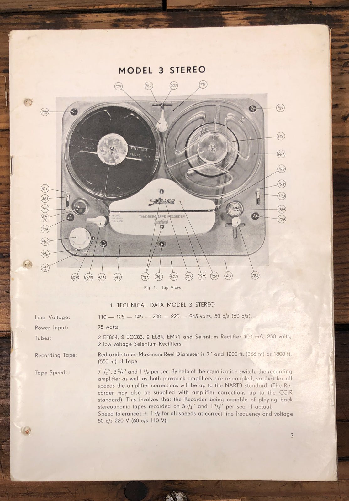 Tandberg Model 3 Tape Recorder  Service Manual *Original*
