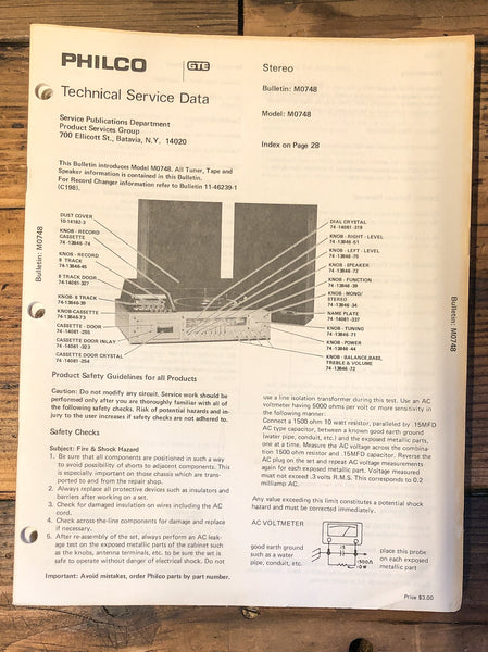 Philco Model M0748 Radio / Stereo  Service Manual *Original*