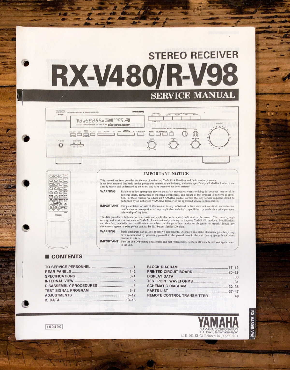 Yamaha RX-V480 R-V98 Receiver  Service Manual *Original*