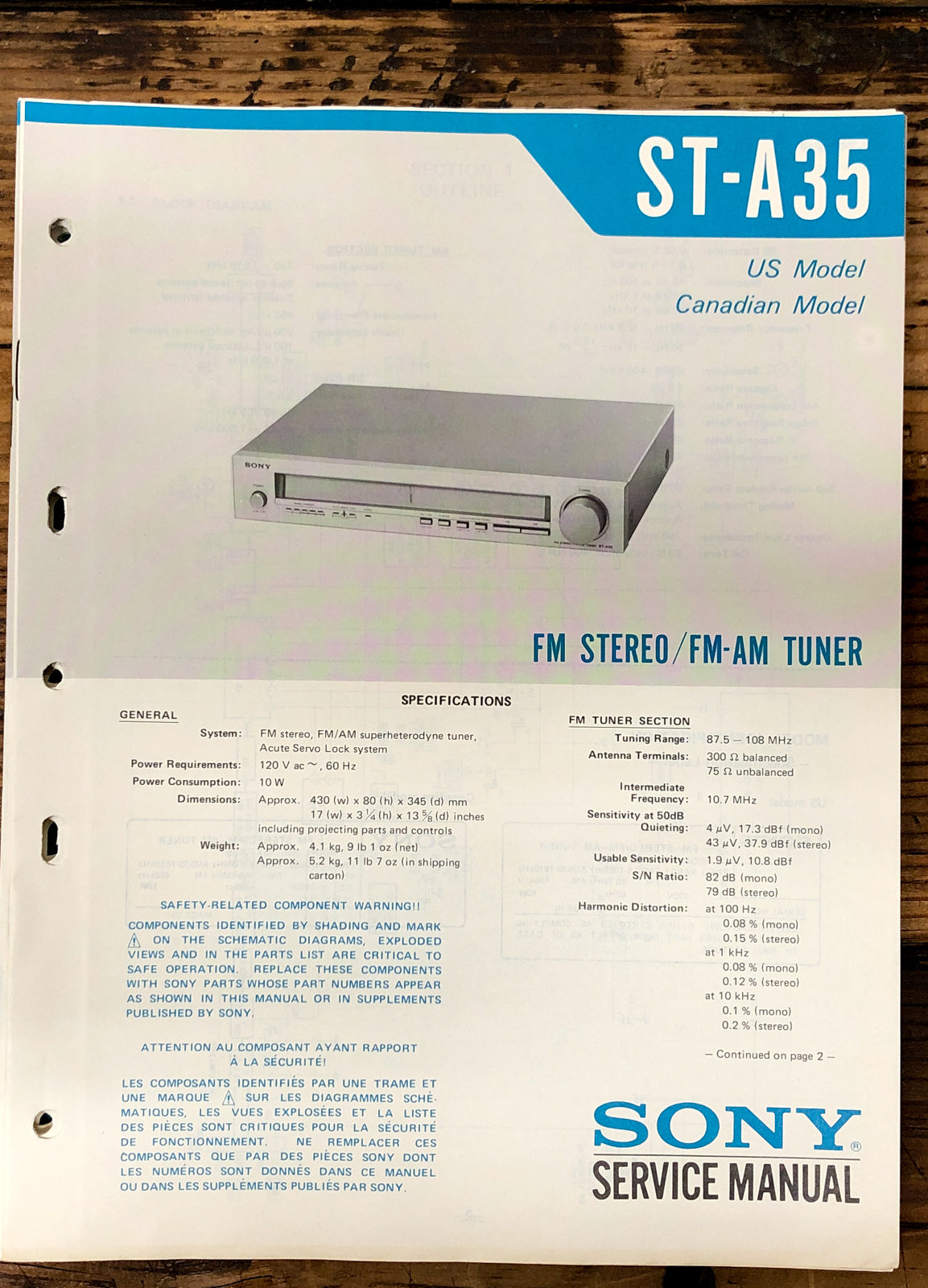 Sony ST-A35 Tuner  Service Manual *Original*