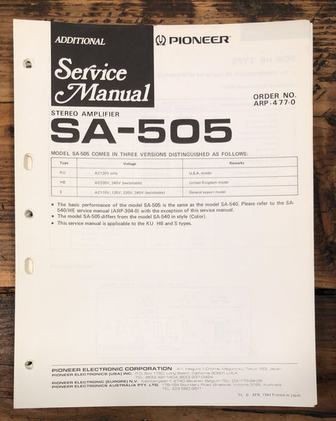 Pioneer SA-505 Amplifier Additional Service Manual *Original*