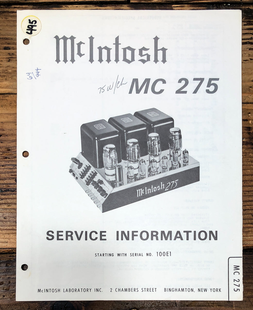 McIntosh MC-275 MC275 Amplifier Service Manual *Original*