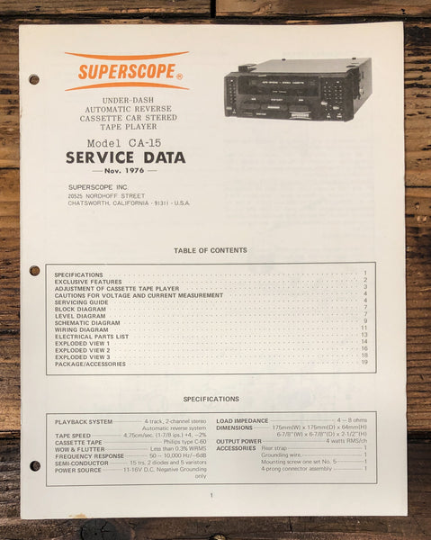 Superscope CA-15 Car Stereo Service Manual *Original*