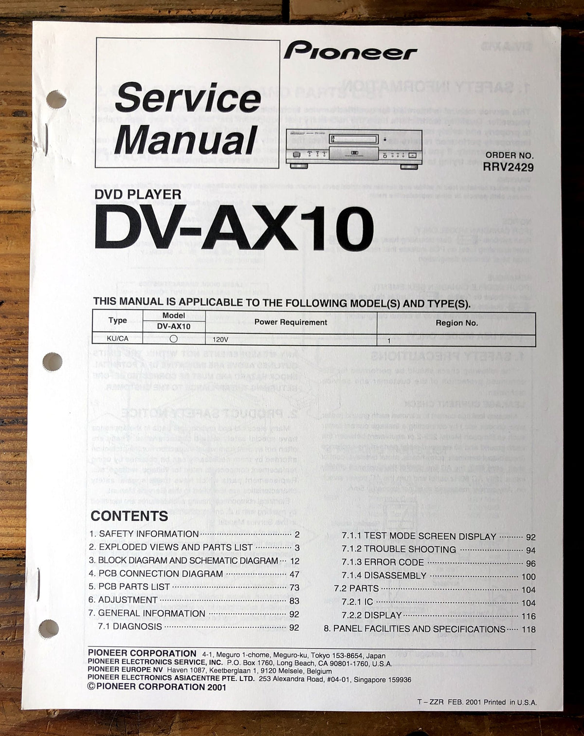 Pioneer DV-AX10 DVD Player Service Manual *Original*