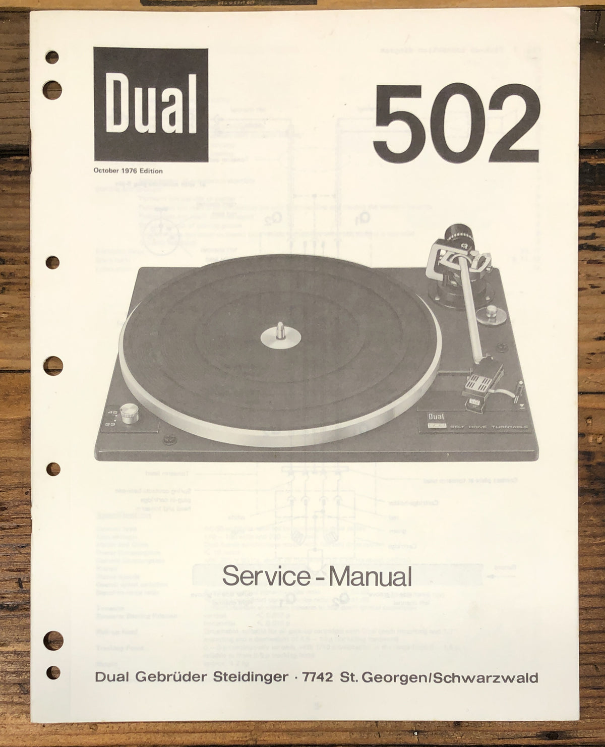 Dual Model 502 Record Player / Turntable Service Manual *Original*