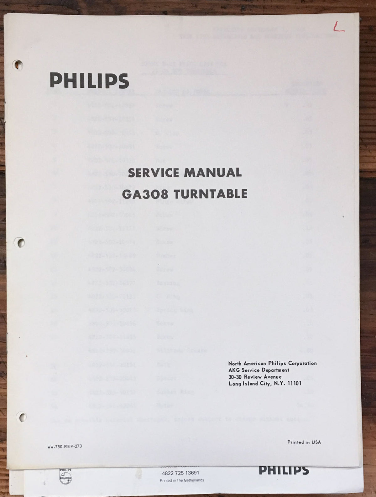 Philips GA-308 GA308 Record Player / Turntable  Service Manual *Original*