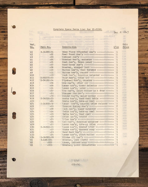 Sony TC-255 UL Reel to Reel Parts List Manual *Original*